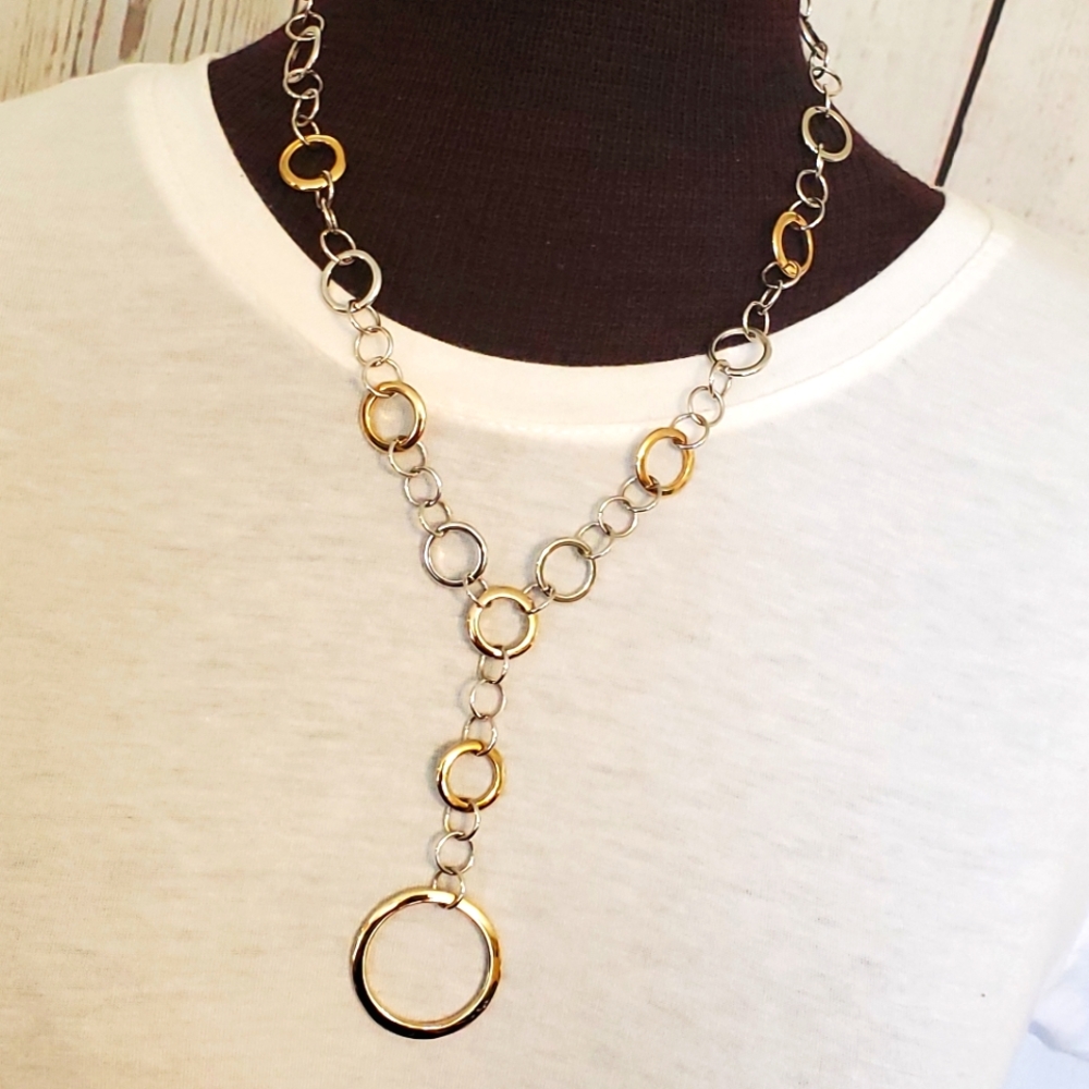 Lia Sophia silvertone, goldtone circles Y-necklace 17.5-20.5 inches